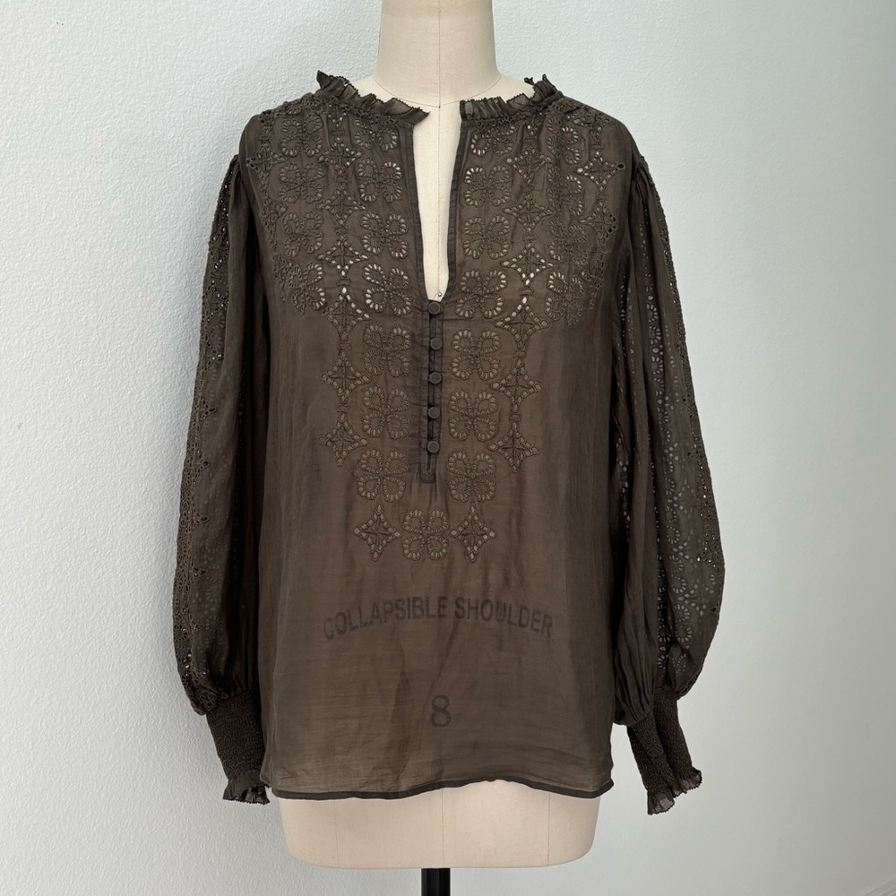 Banana Republic Embroidered Blouse NWT Brown Ramie Relaxed Fit Luxurious L